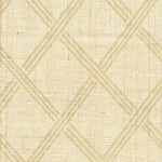 Detail of fabric in a diamond lattice print in tan on a cream field.