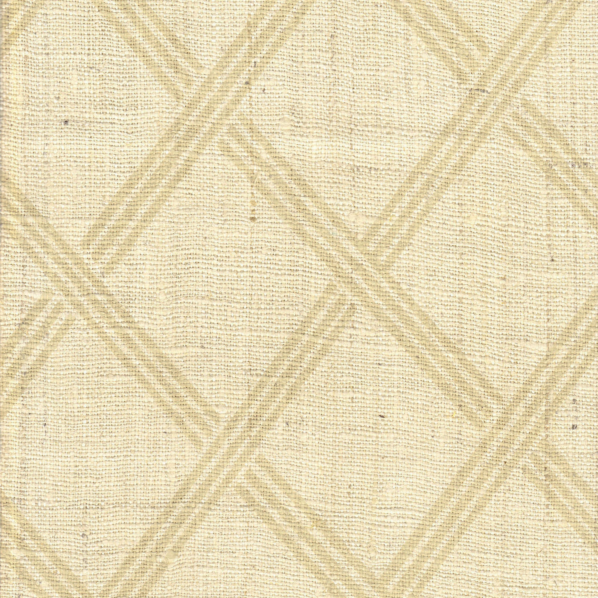 Detail of fabric in a diamond lattice print in tan on a cream field.