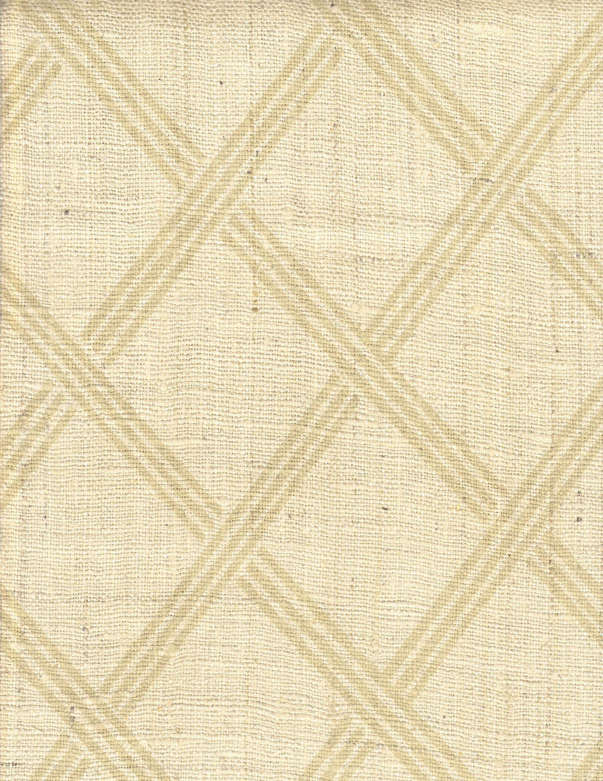 Detail of fabric in a diamond lattice print in tan on a cream field.