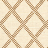 Detail of fabric in a diamond lattice print in brown on a cream field.