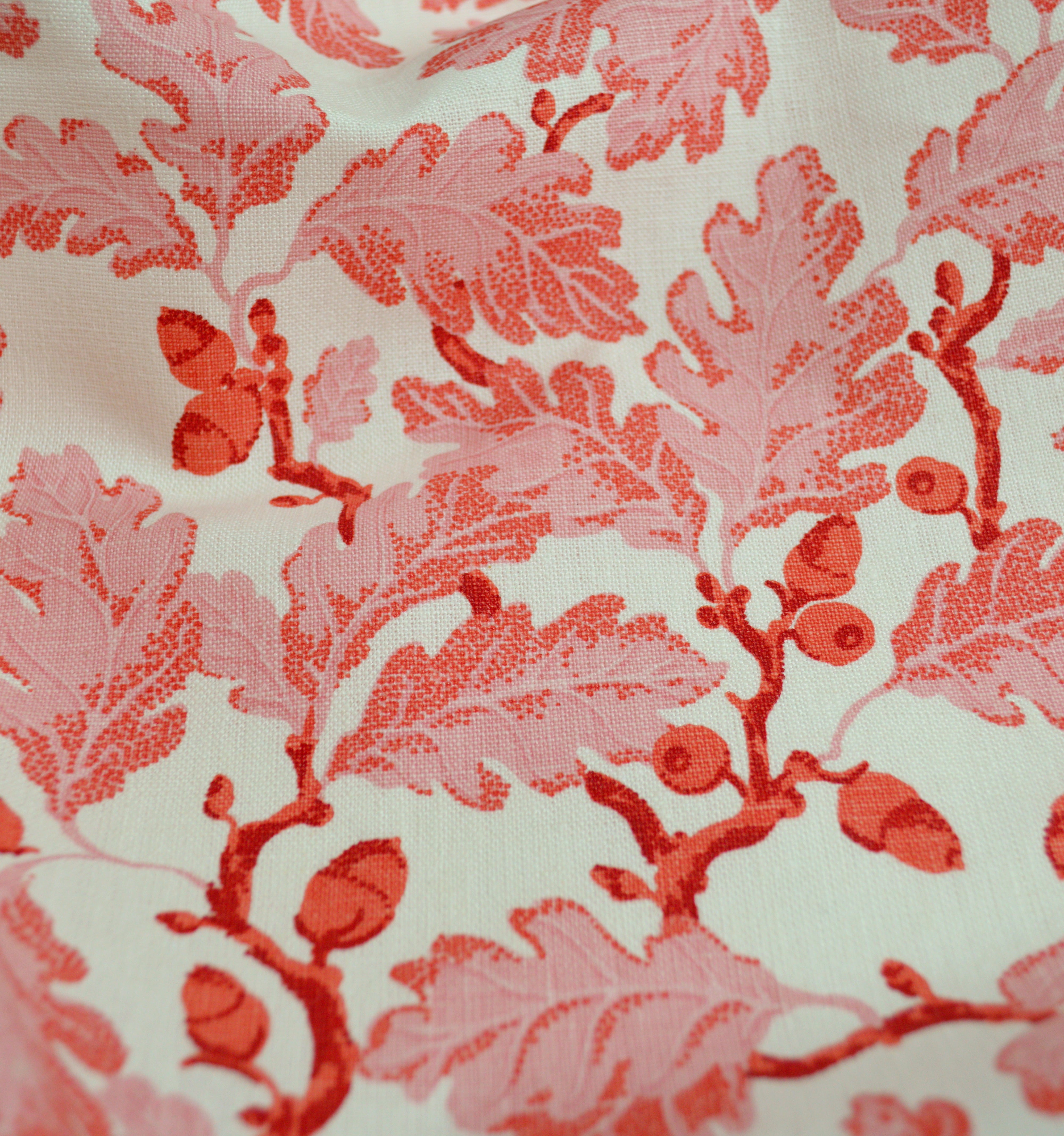 Close-up of red floral pattern on white fabric