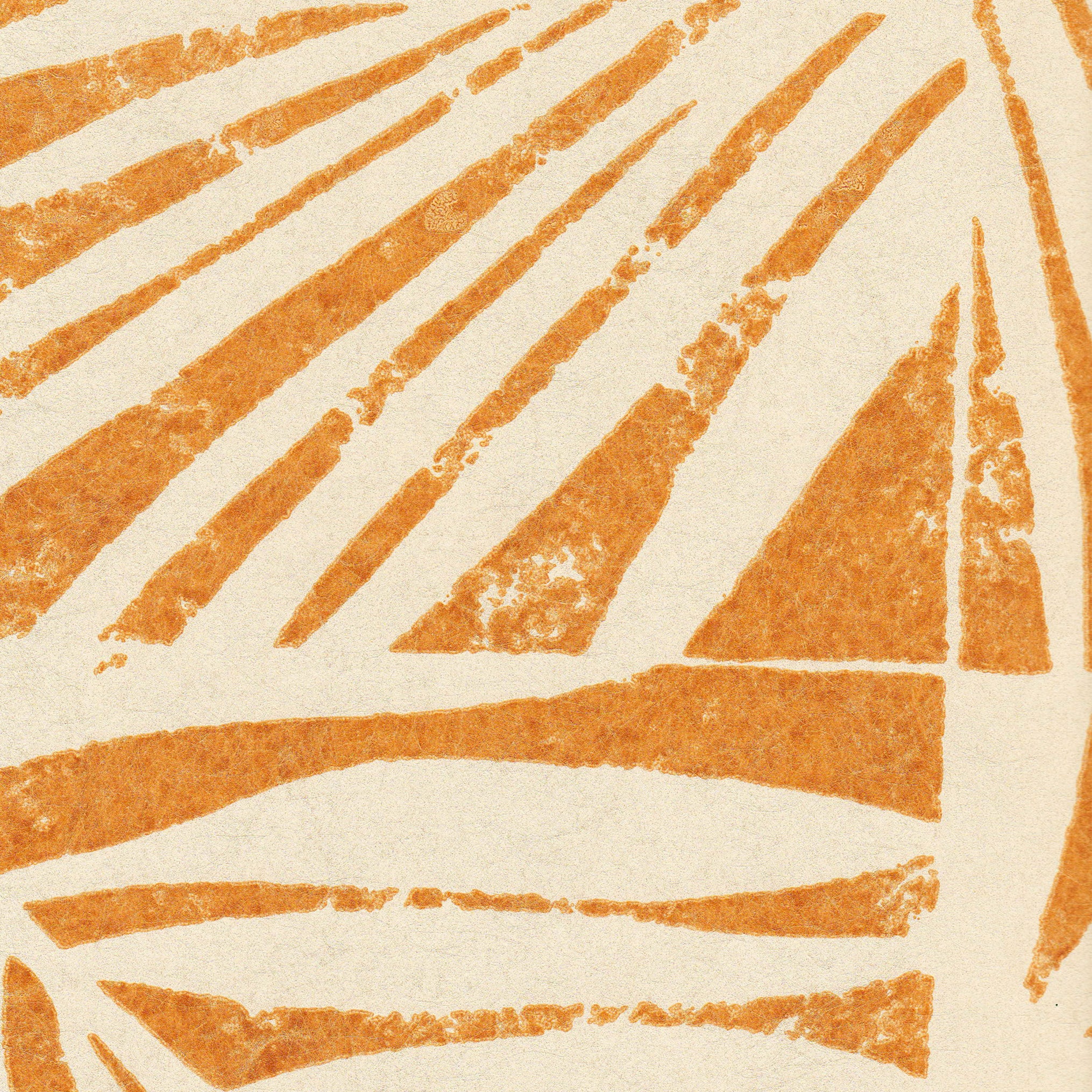 Detail of wallpaper in a botanical grid print in orange on a cream field.