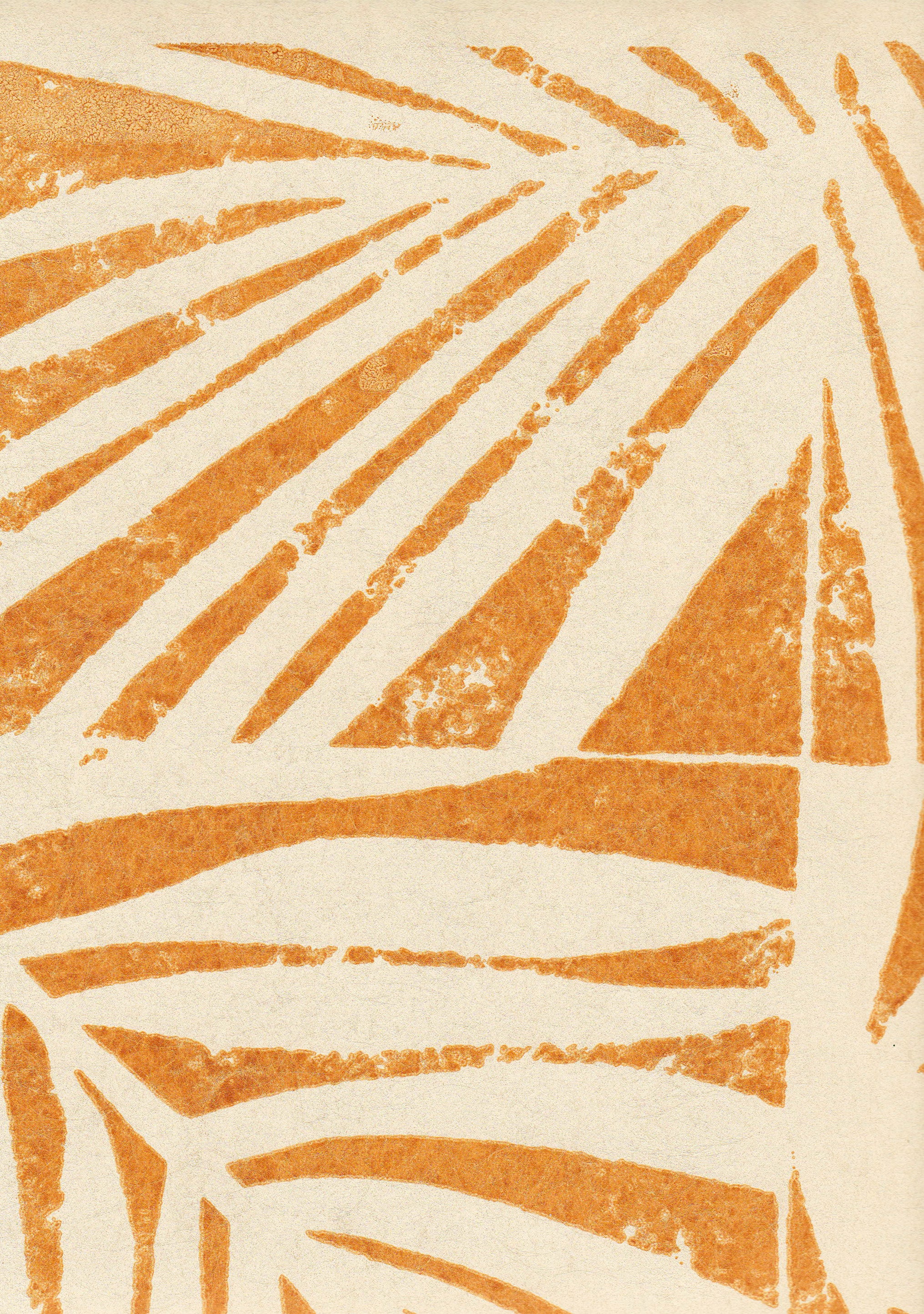 Detail of wallpaper in a botanical grid print in orange on a cream field.