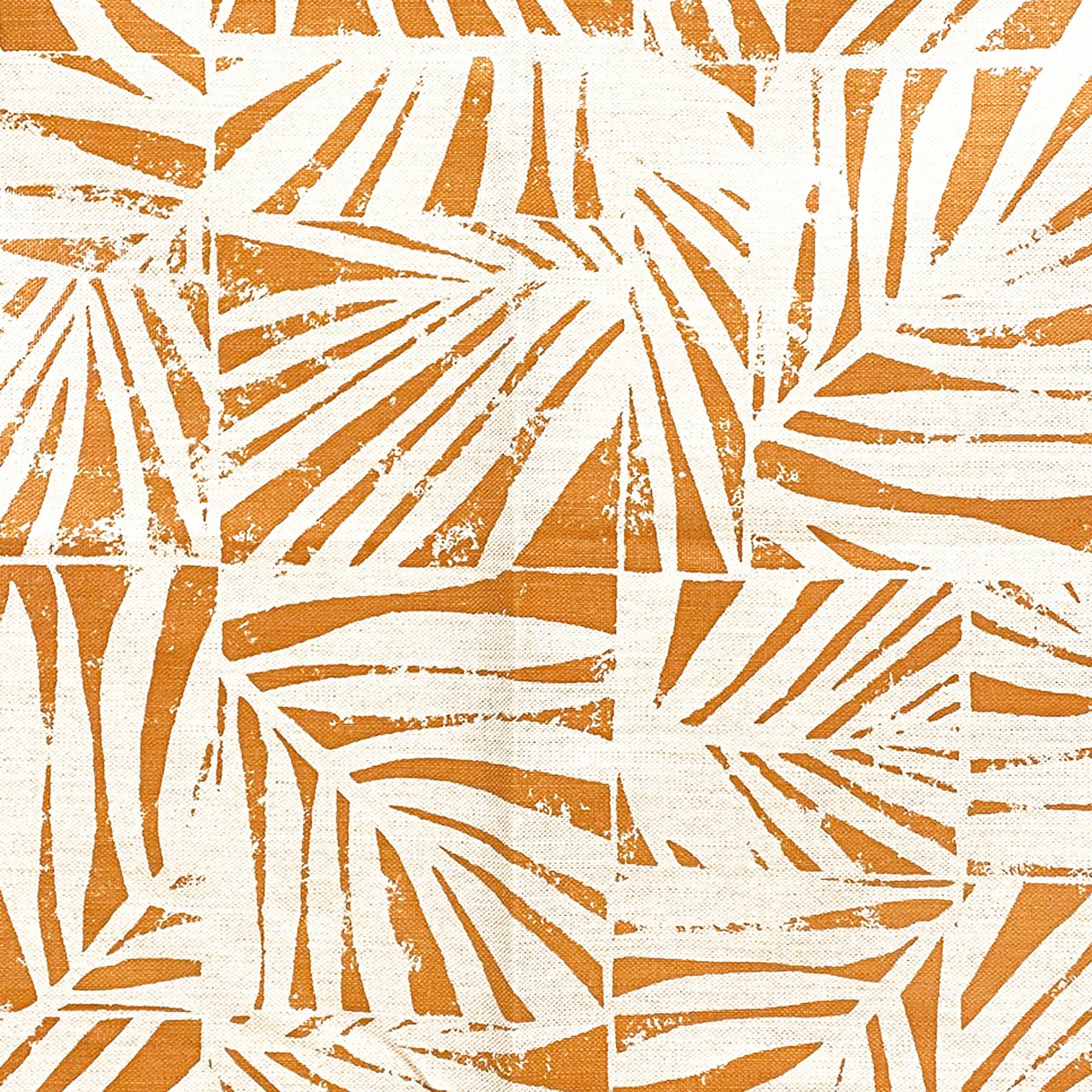 Detail of fabric in a botanical grid print in orange on a white field.