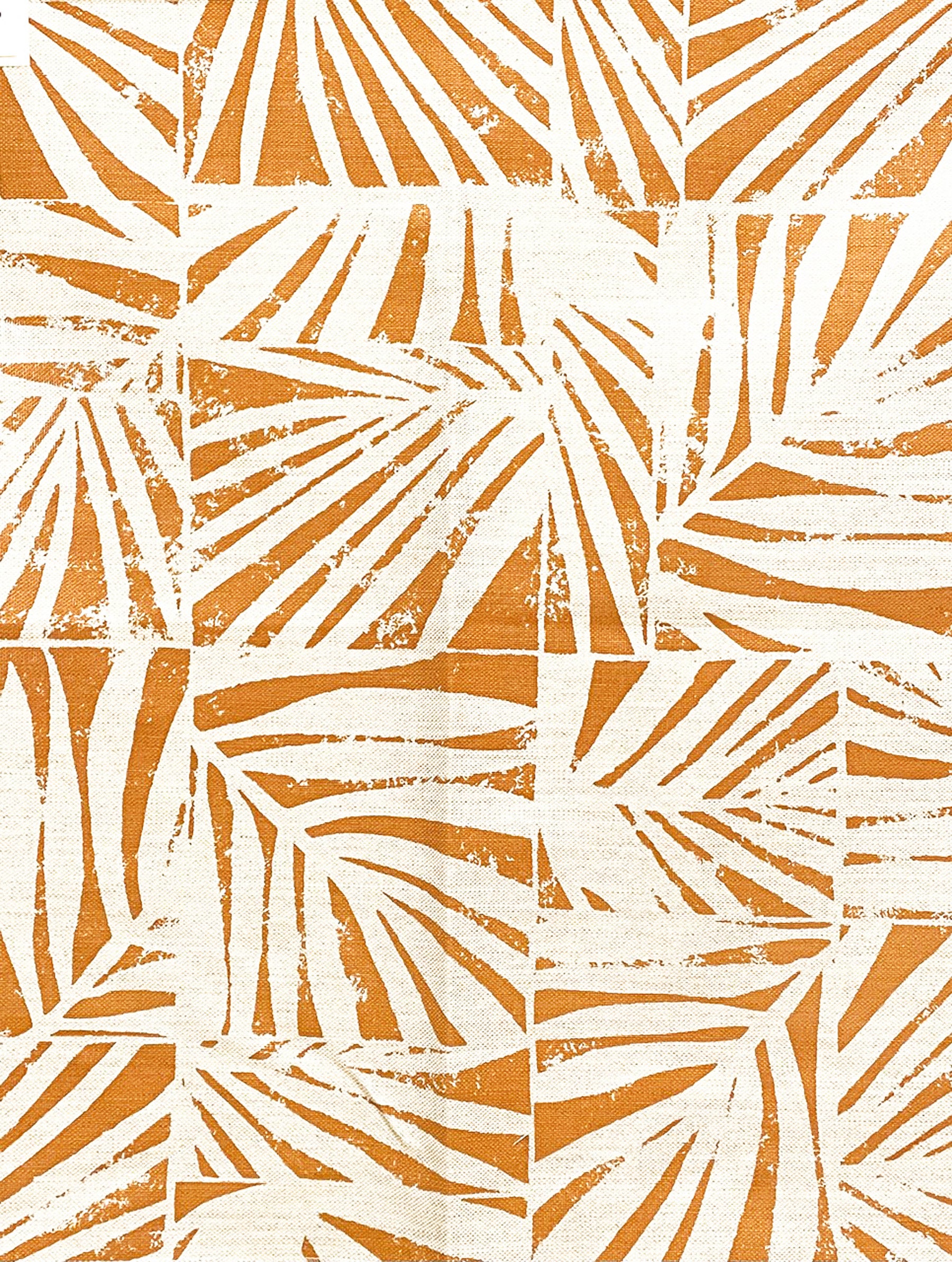 Detail of fabric in a botanical grid print in orange on a white field.