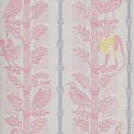 Detail of wallpaper in a linear monkey, bird and leaf print in pink, blue and yellow on a cream field.