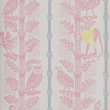 Detail of wallpaper in a linear monkey, bird and leaf print in pink, blue and yellow on a cream field.