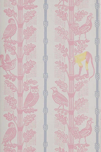 Detail of wallpaper in a linear monkey, bird and leaf print in pink, blue and yellow on a cream field.