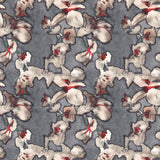 Detail of fabric in an abstract floral print in red, cream and gray on a dark gray field.