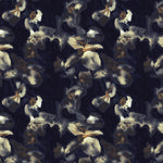 Detail of fabric in an abstract floral print in tan, gold and navy on a black field.