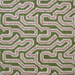 Detail of fabric in a dense meandering print in white, pink and purple on a green field.