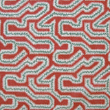 Detail of fabric in a dense meandering print in white, turquoise and gray on a red field.