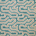 Detail of fabric in a dense meandering print in white, brown and pink on a turquoise field.