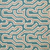 Detail of fabric in a dense meandering print in white, brown and pink on a turquoise field.