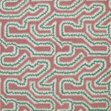 Detail of fabric in a dense meandering print in white and green on a pink field.