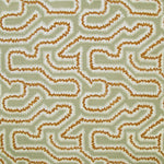 Detail of fabric in a dense meandering print in white, orange and red on a light green field.