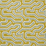 Detail of fabric in a dense meandering print in white, turquoise and gray on a mustard field.