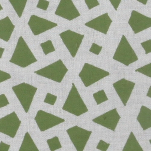 Detail of fabric in a geometric lattice print in green on a greige field.