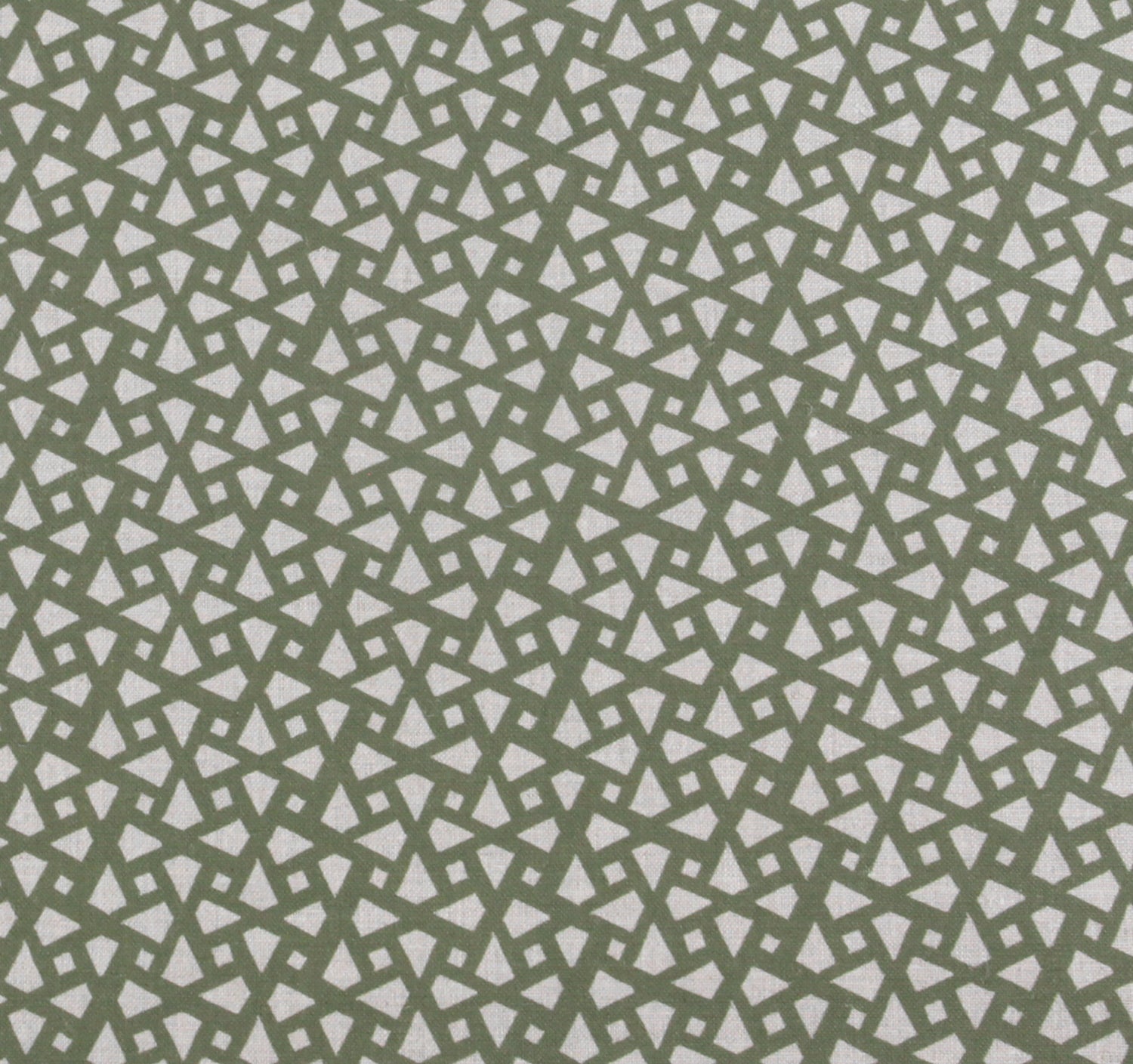 Detail of fabric in a geometric lattice print in sage on a greige field.