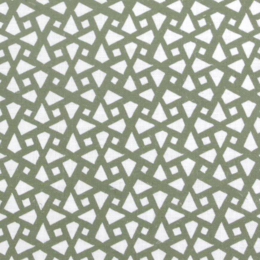 Detail of fabric in a geometric lattice print in sage on a white field.