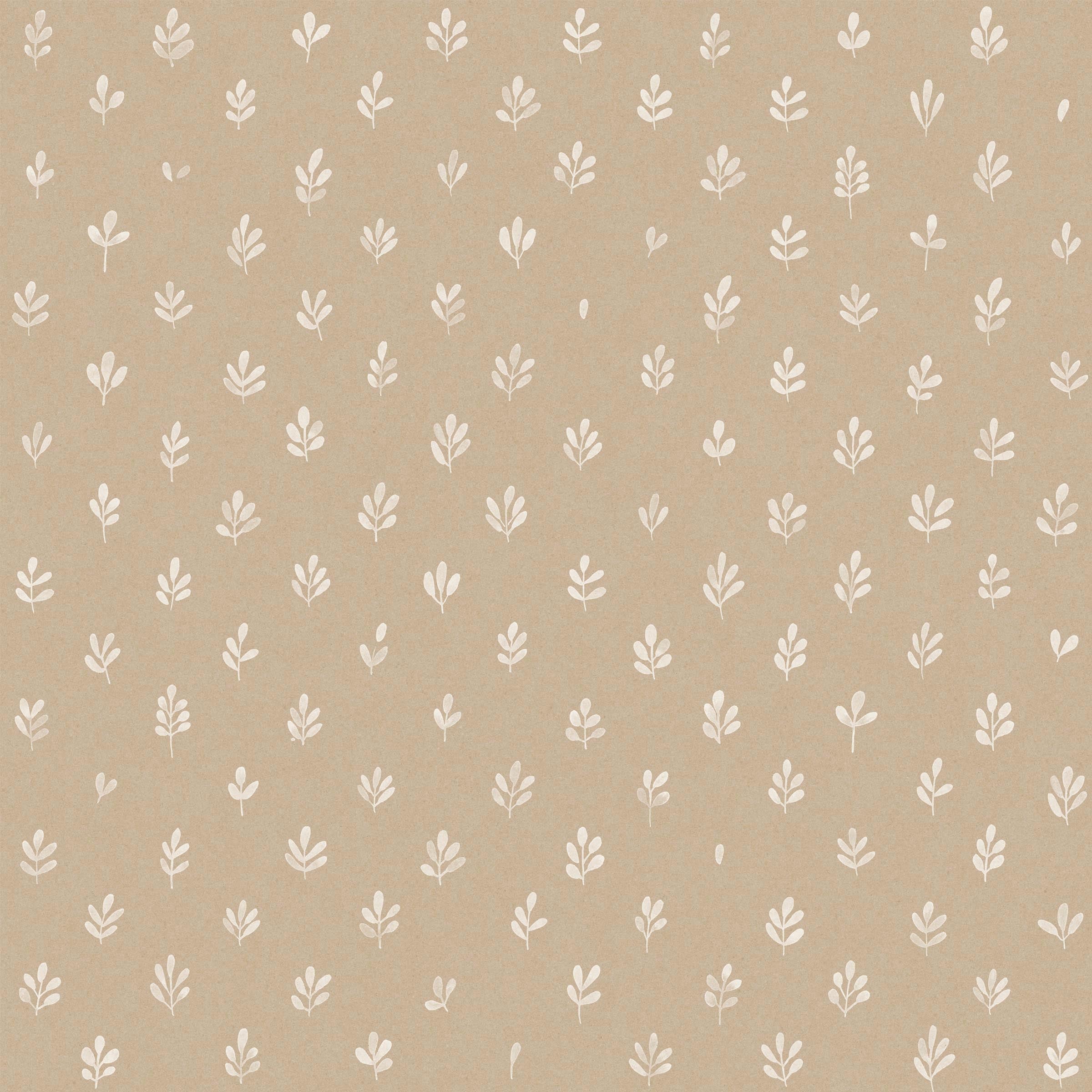 Detail of fabric in a repeating leaf print in cream on a tan field.
