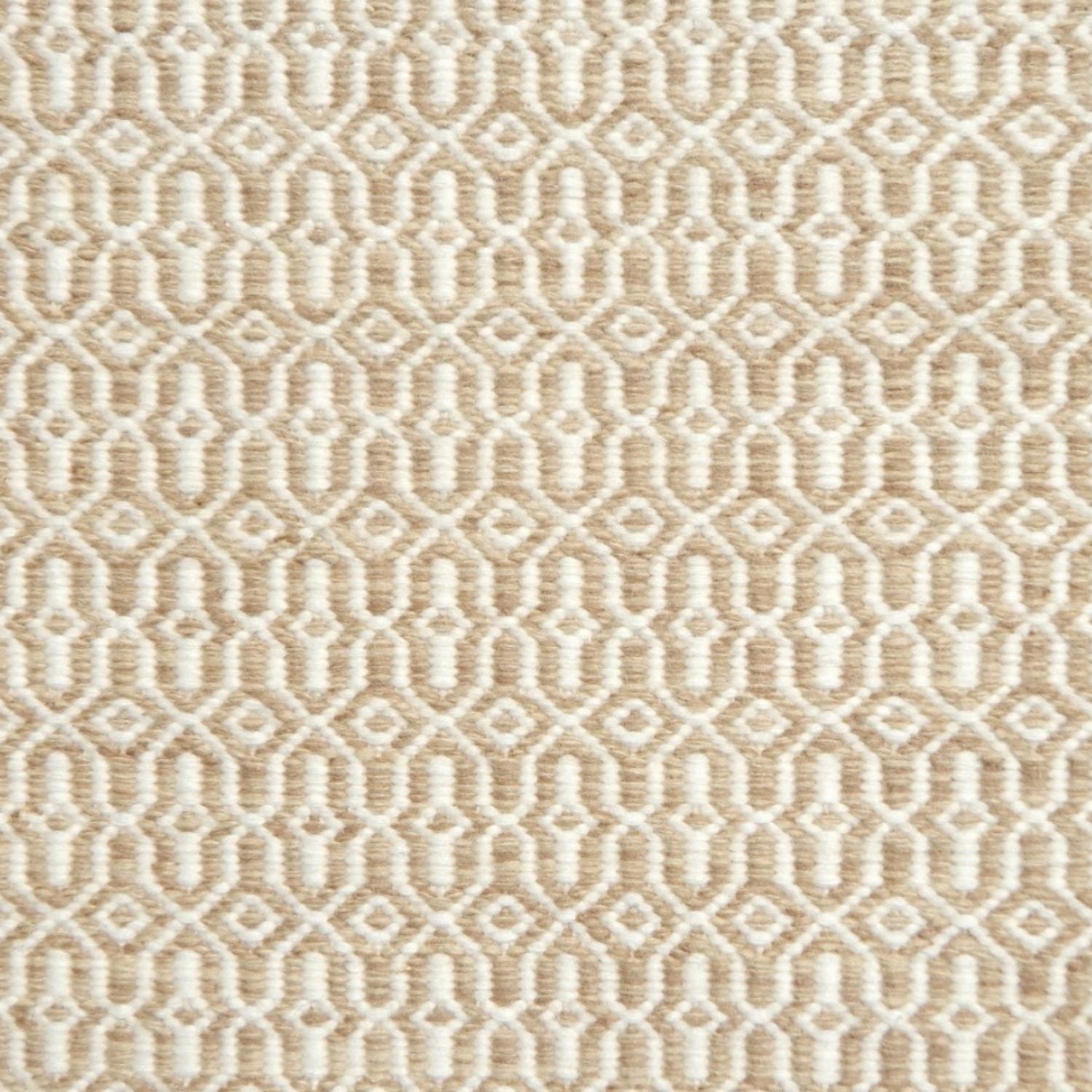 A rug with a woven overall pattern in tan and ivory.