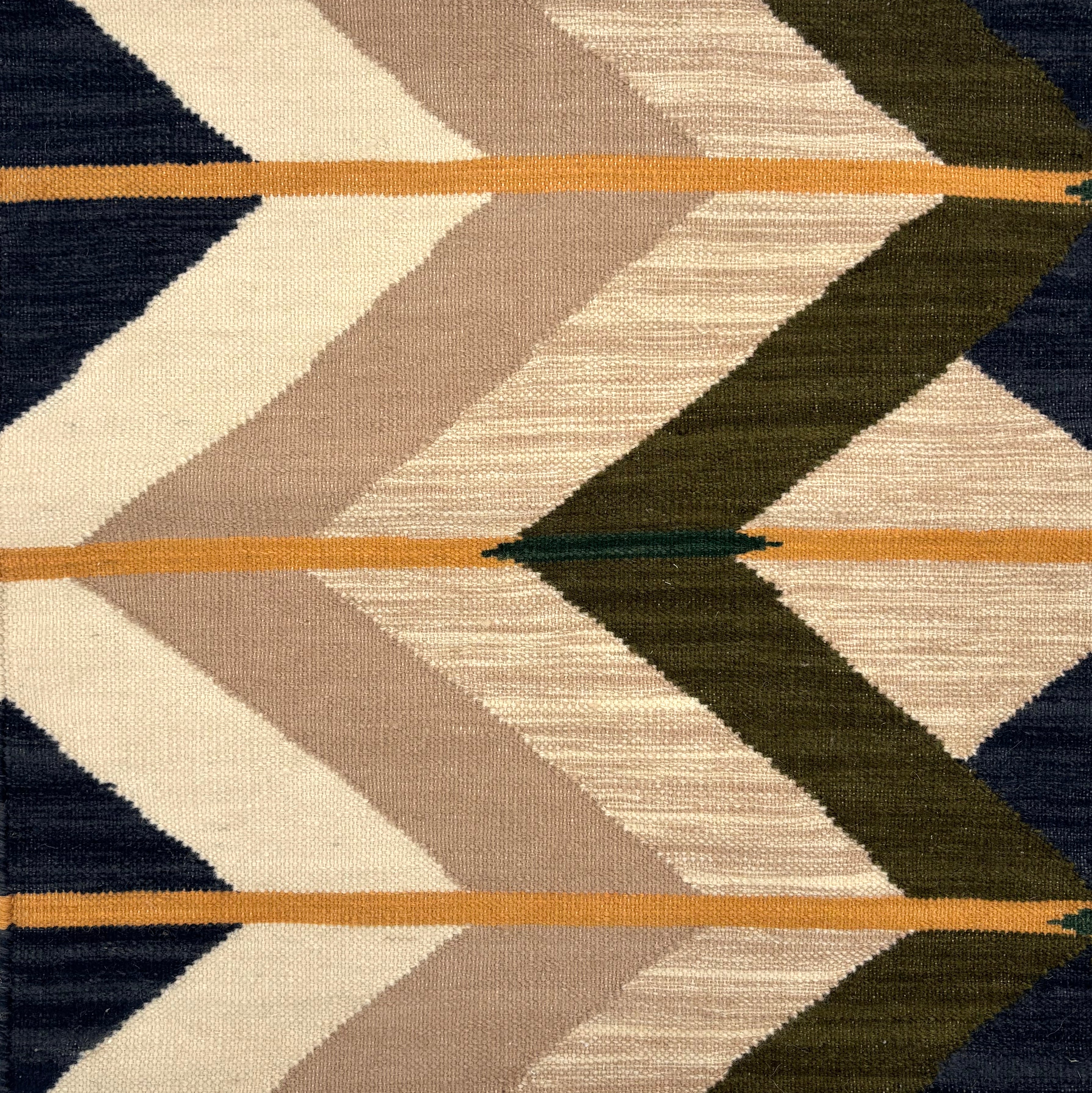 Flatwoven rug in a bold chevron strike in green, blue, tan and beige with yellow accents.