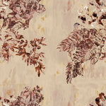 Detail of fabric in a painterly botanical print in shades of rust, tan and yellow.