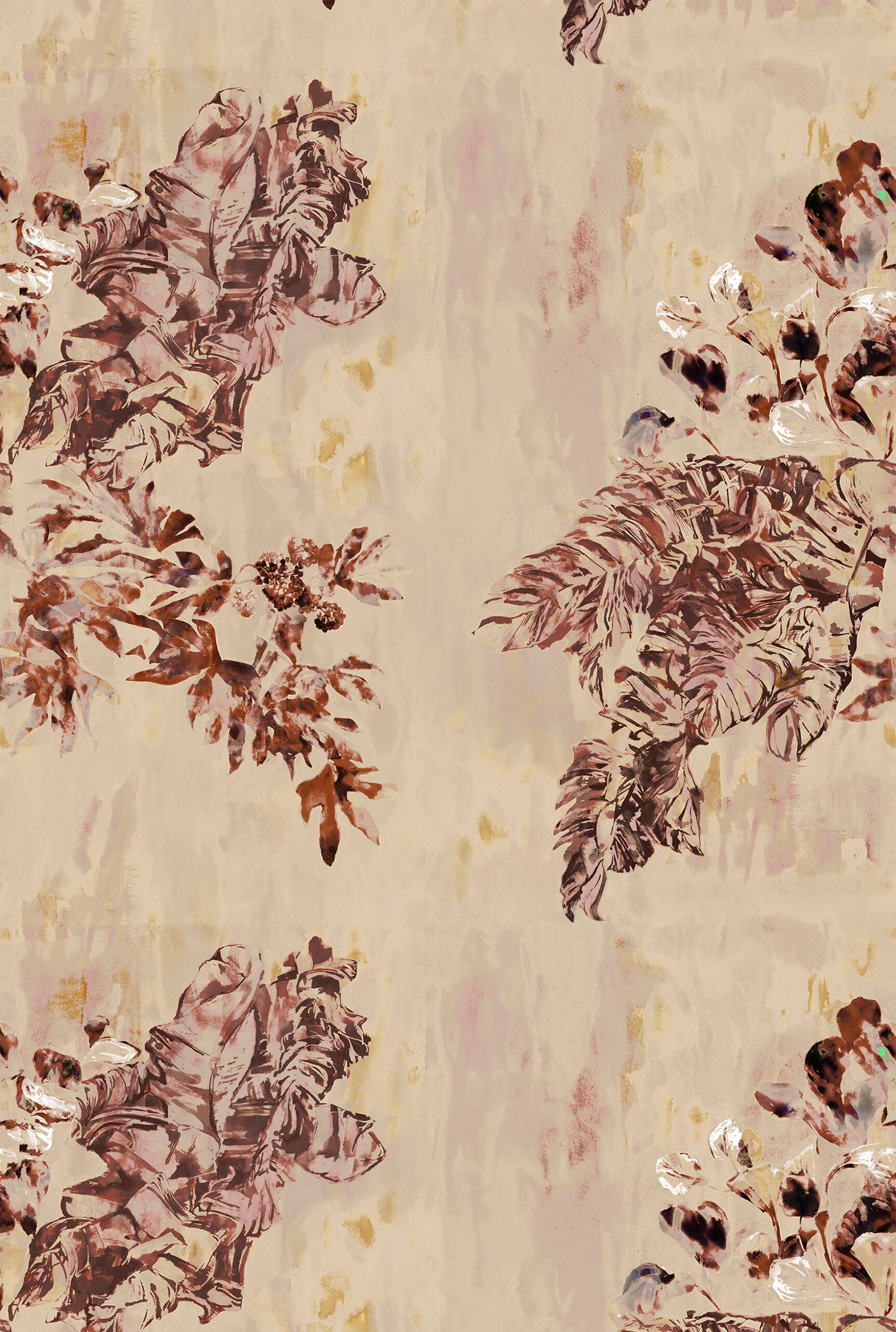 Detail of fabric in a painterly botanical print in shades of rust, tan and yellow.