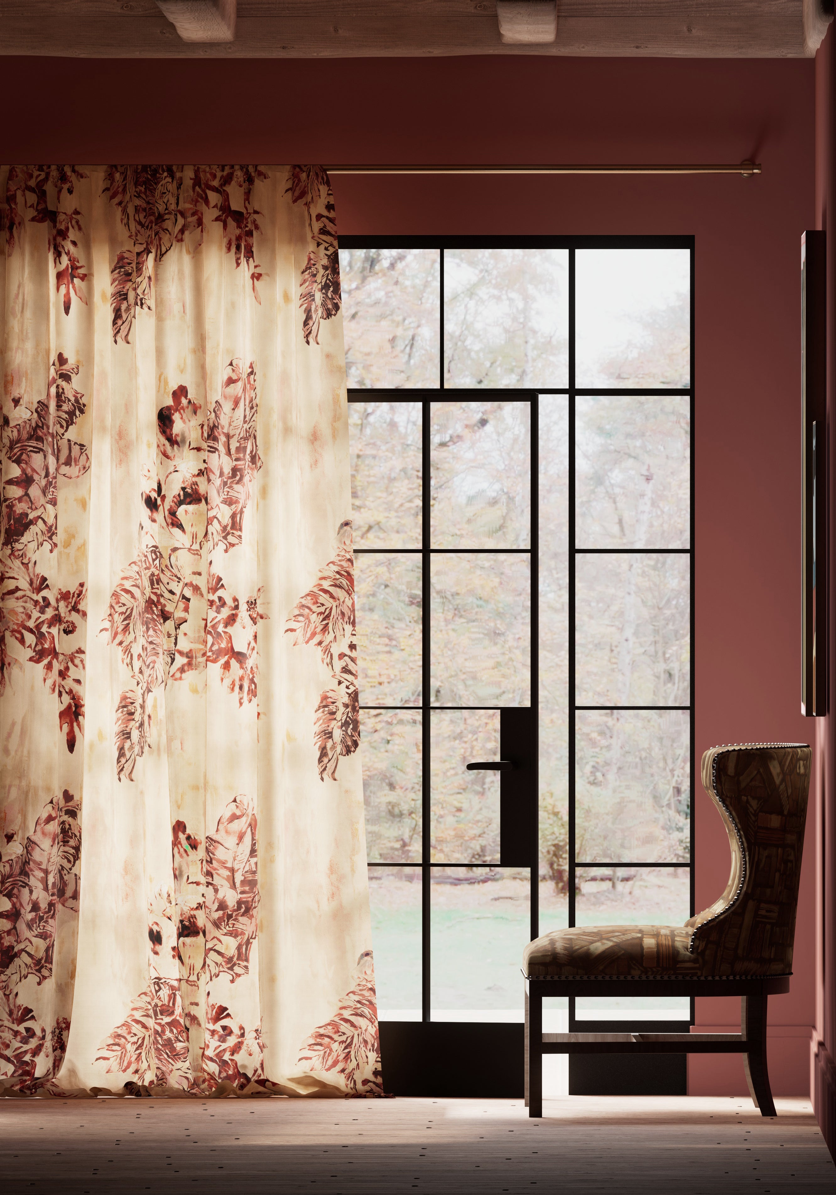 A modernist living space with large windows and curtains in a painterly botanical print.