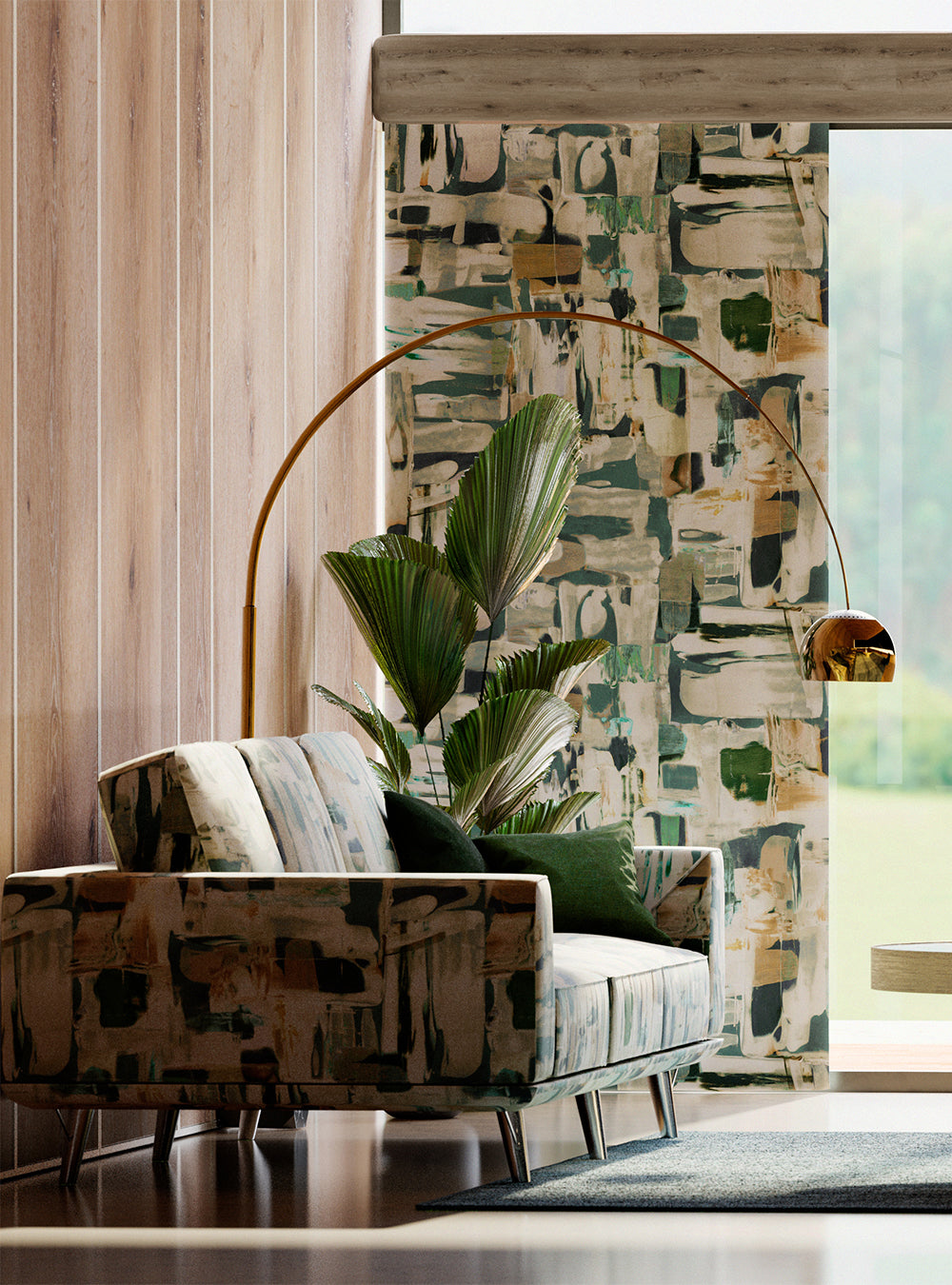 A modernist living room with an accent wall and sofa both covered in the same abstract layered paint blotch print.