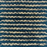 Woven rug swatch in natural fibers in a tan and teal blue stripe pattern