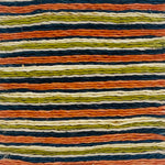 Woven rug swatch in natural fibers in a tan, navy blue, lime green and orange stripe pattern