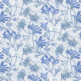 Detail of wallpaper in a painterly floral print in shades of white, blue and navy on a light blue field.