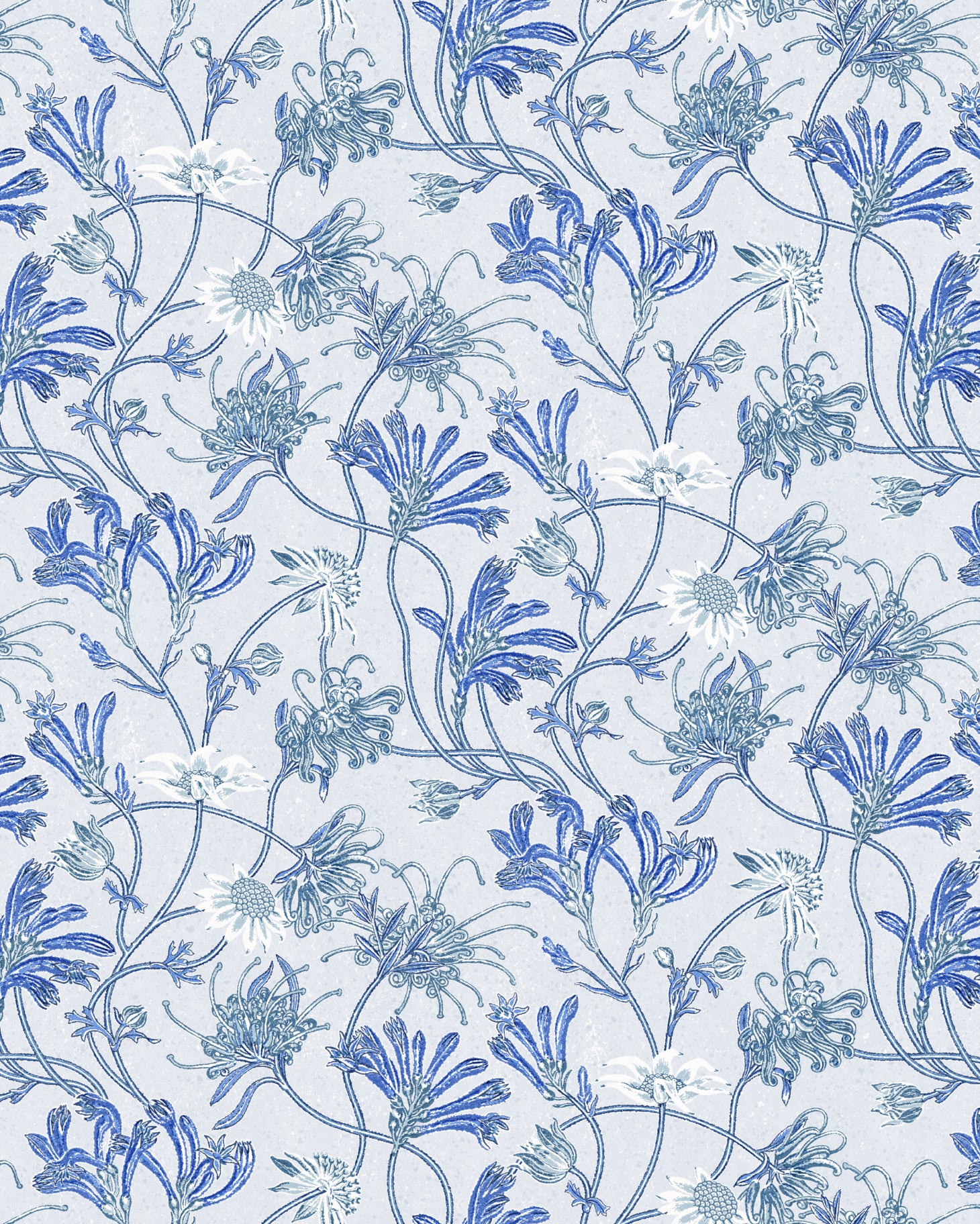 Detail of wallpaper in a painterly floral print in shades of white, blue and navy on a light blue field.