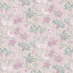 Detail of wallpaper in a painterly floral print in shades of white, pink and green on a mauve field.