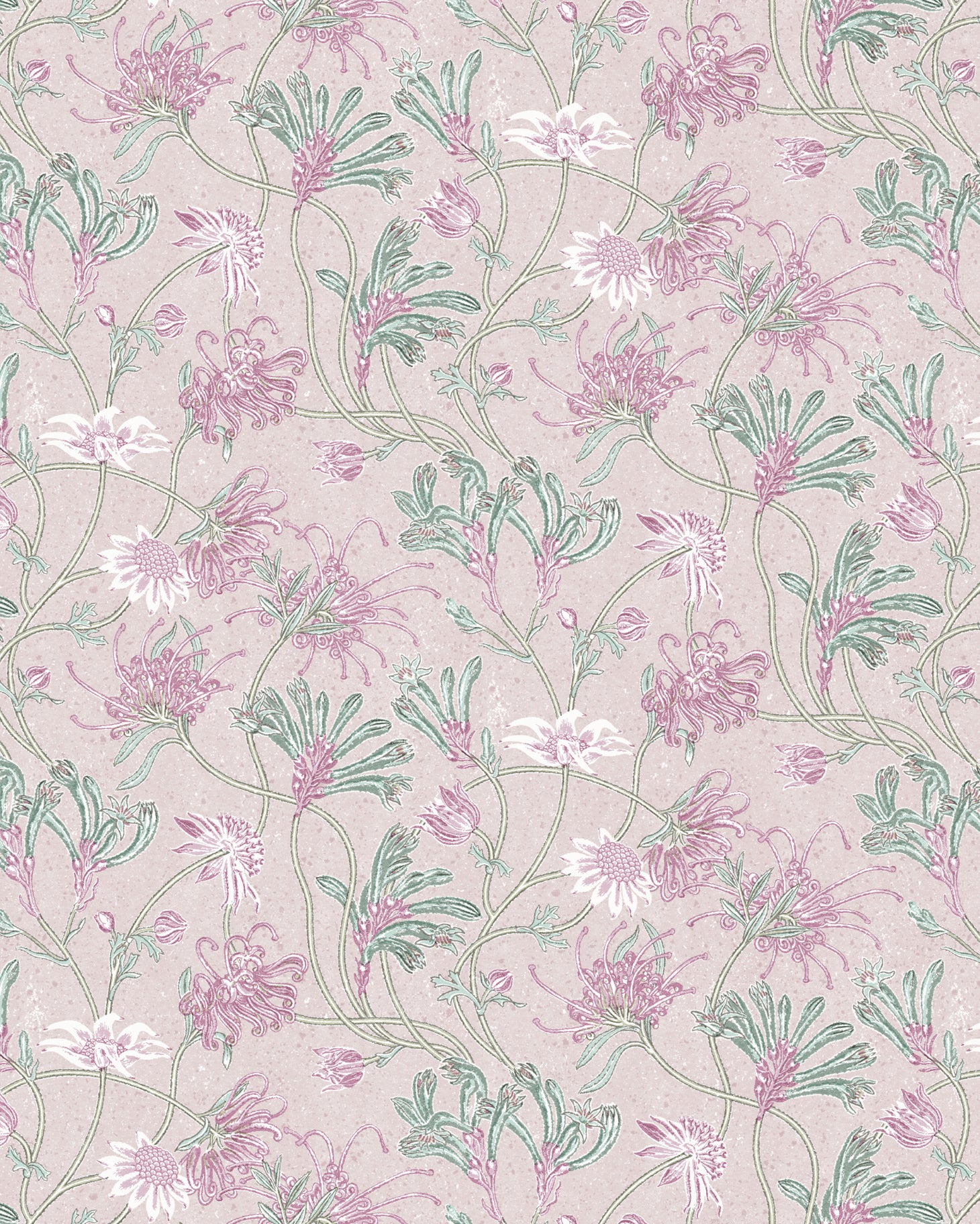 Detail of wallpaper in a painterly floral print in shades of white, pink and green on a mauve field.