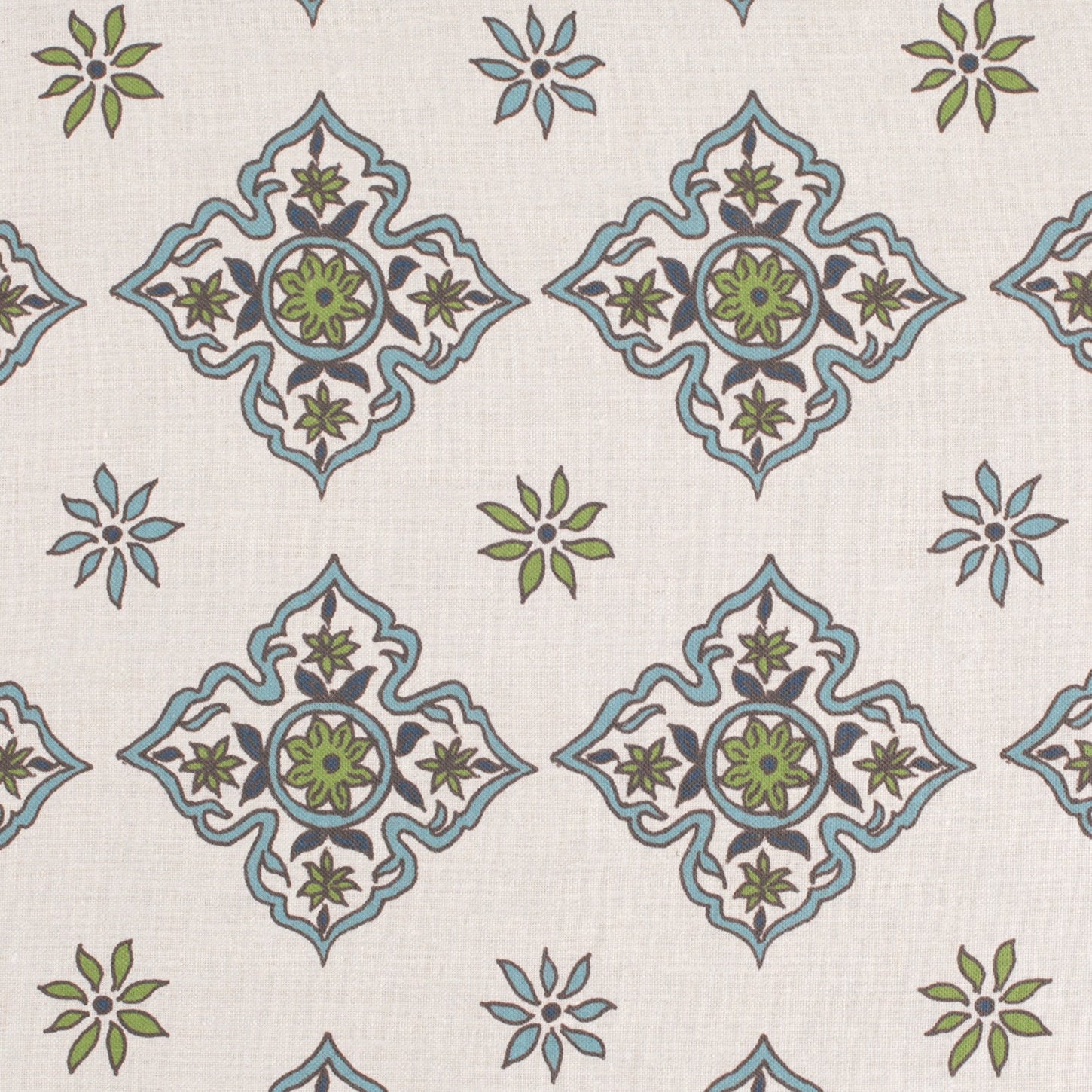 Detail of fabric in a diamond damask print in shades of green and blue on a cream field.