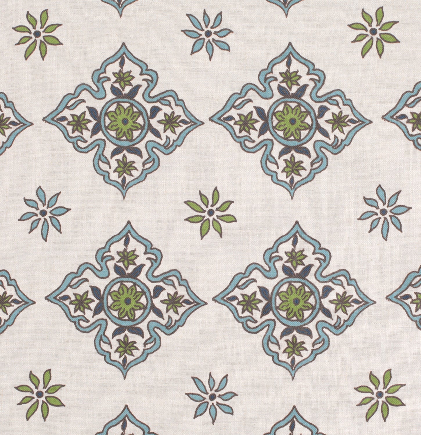 Detail of fabric in a diamond damask print in shades of green and blue on a cream field.