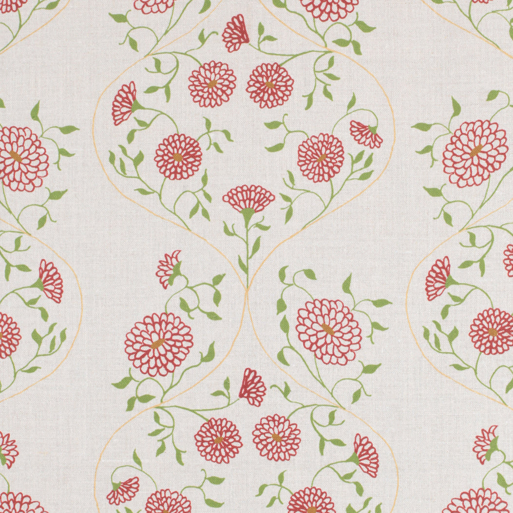 Detail of fabric in a floral lattice print in red, orange and green on a cream field.