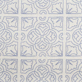 Detail of fabric in a damask lattice print in blue on a cream field.