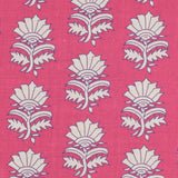 Detail of fabric in a repeating thistle print in cream and purple on a fuchsia field.