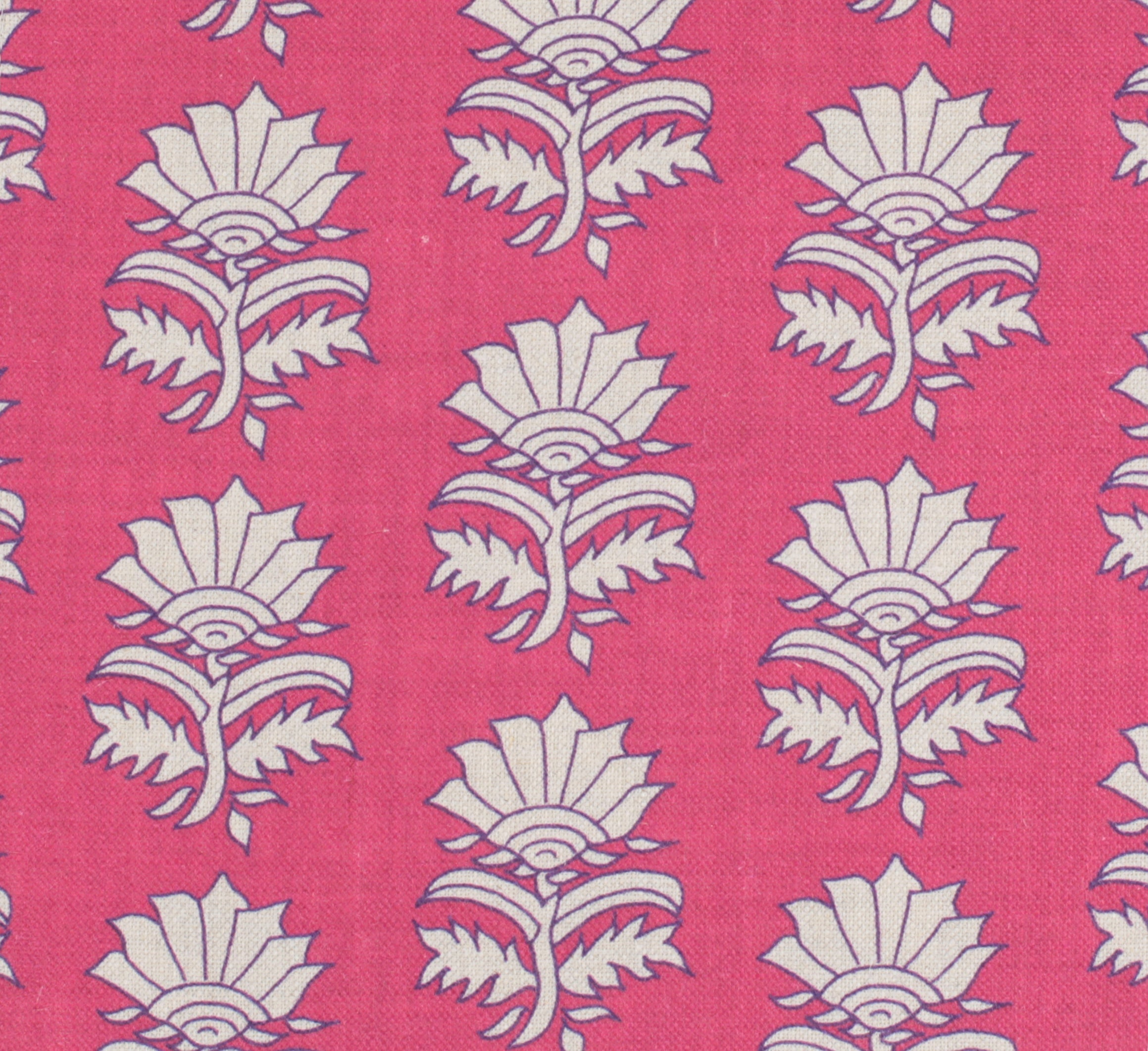 Detail of fabric in a repeating thistle print in cream and purple on a fuchsia field.