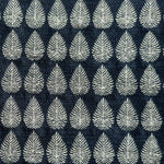 Detail of fabric woven in a repeating leaf print in shades of navy and white.