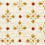 Detail of fabric in a botanical grid print in red and metallic gold on a cream field.