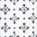 Detail of fabric in a botanical grid print in navy, blue and metallic gold on a white field.