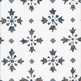 Detail of fabric in a botanical grid print in navy, blue and metallic gold on a white field.