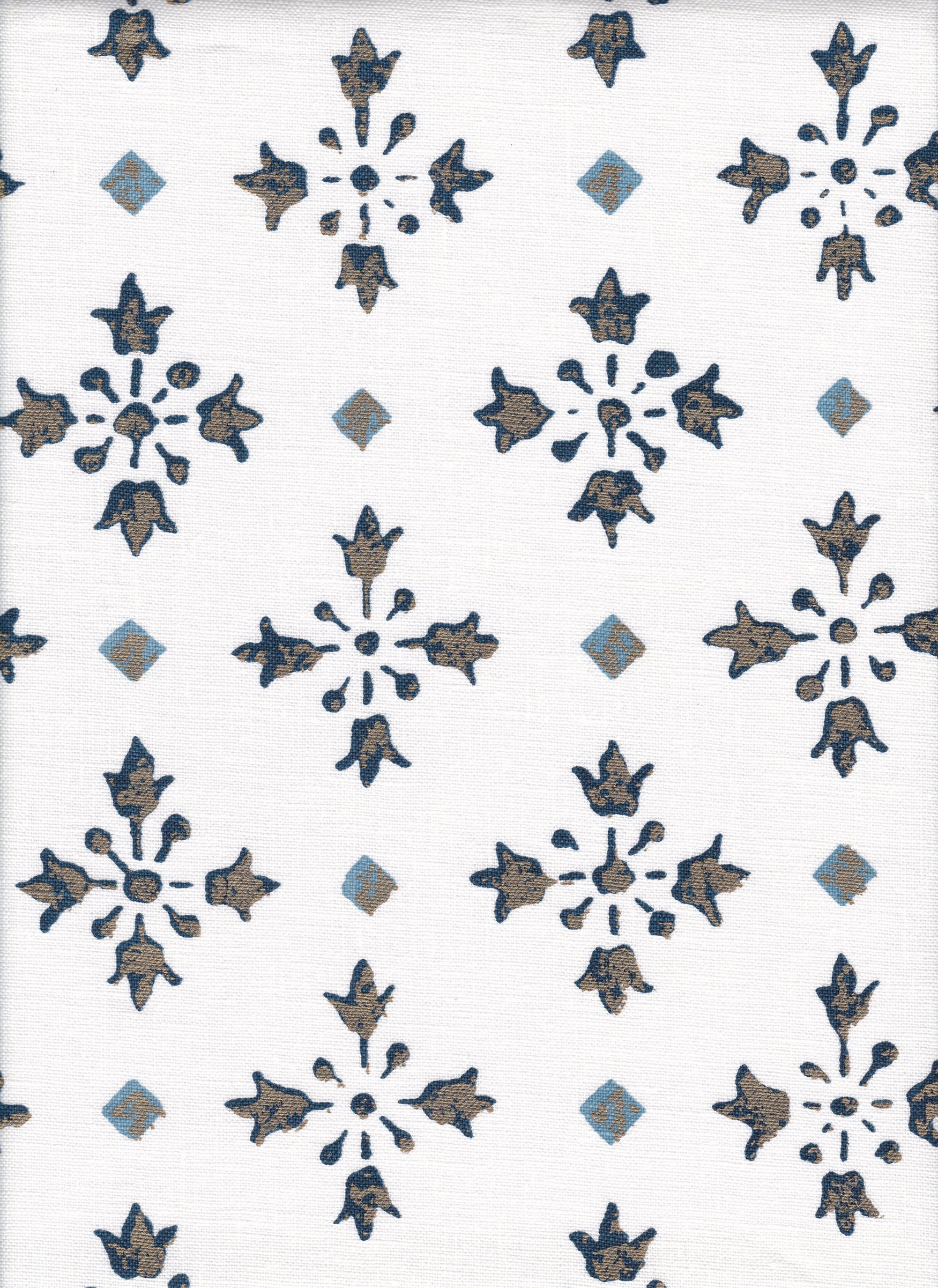 Detail of fabric in a botanical grid print in navy, blue and metallic gold on a white field.