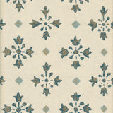 Detail of wallpaper in a botanical grid print in navy, blue and metallic gold on a white field.