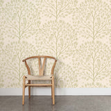 A wooden chair stands in front of a wall papered in a repeating owl and tree print in light green on a cream field.